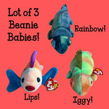 Lote/3 Años 90 Ty Beanie Babies: Arco Iris Camaleón Iggy Iguana Tropical Pez Labios