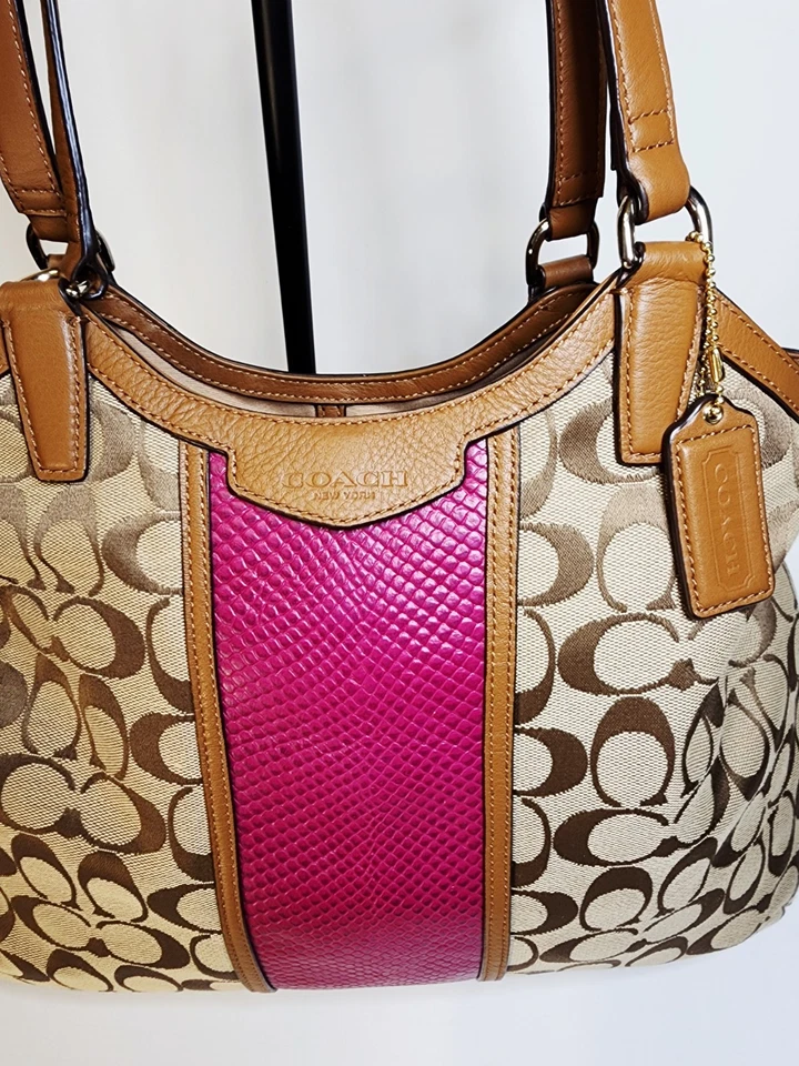 NEW Coach Signature Stripe City Tote Large Khaki & Fuschia Shoulder Bag F31444 - Image 2 of 4