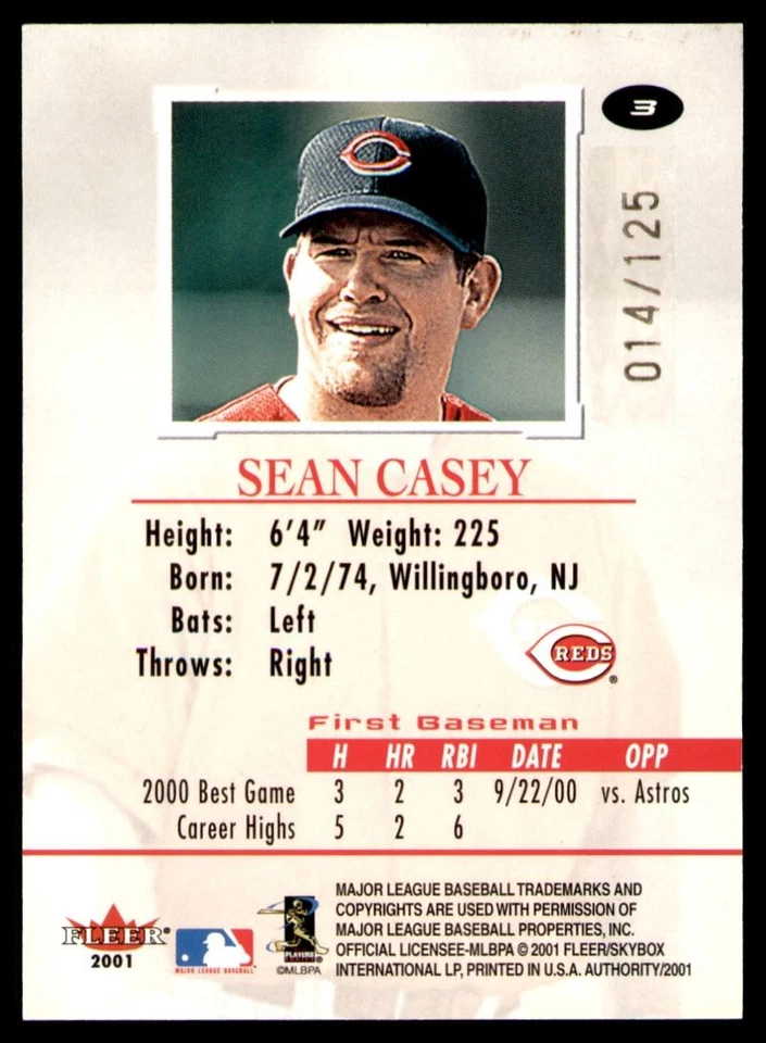Sean Casey #3 2001 Fleer Authority Prominence Cincinnati Reds /125 - Image 2 of 3