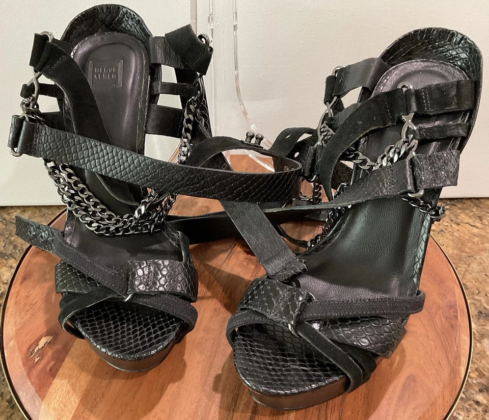 Herve Leger Black Python Embossed Strap Stilettos Made In Brazil 35.5 US 5.5 Foto 2 de 4