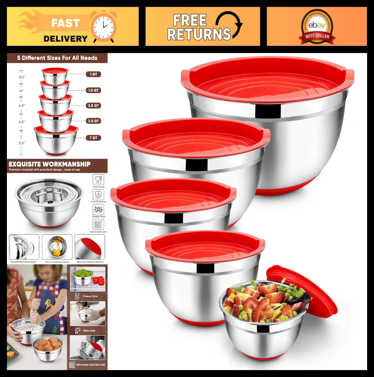 Stainless Steel Mixing Bowls Set with Lids - 5 Nesting Sizes, Airtight, Easy Cle
