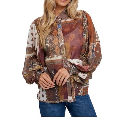 Bluivy NWT Sheer Patchwork Paisley Blouse Balloon Sleeve Boho Button Down Medium