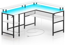 L Shaped Corner Desk Gaming Desk with LED Lights & Power Outlets Computer