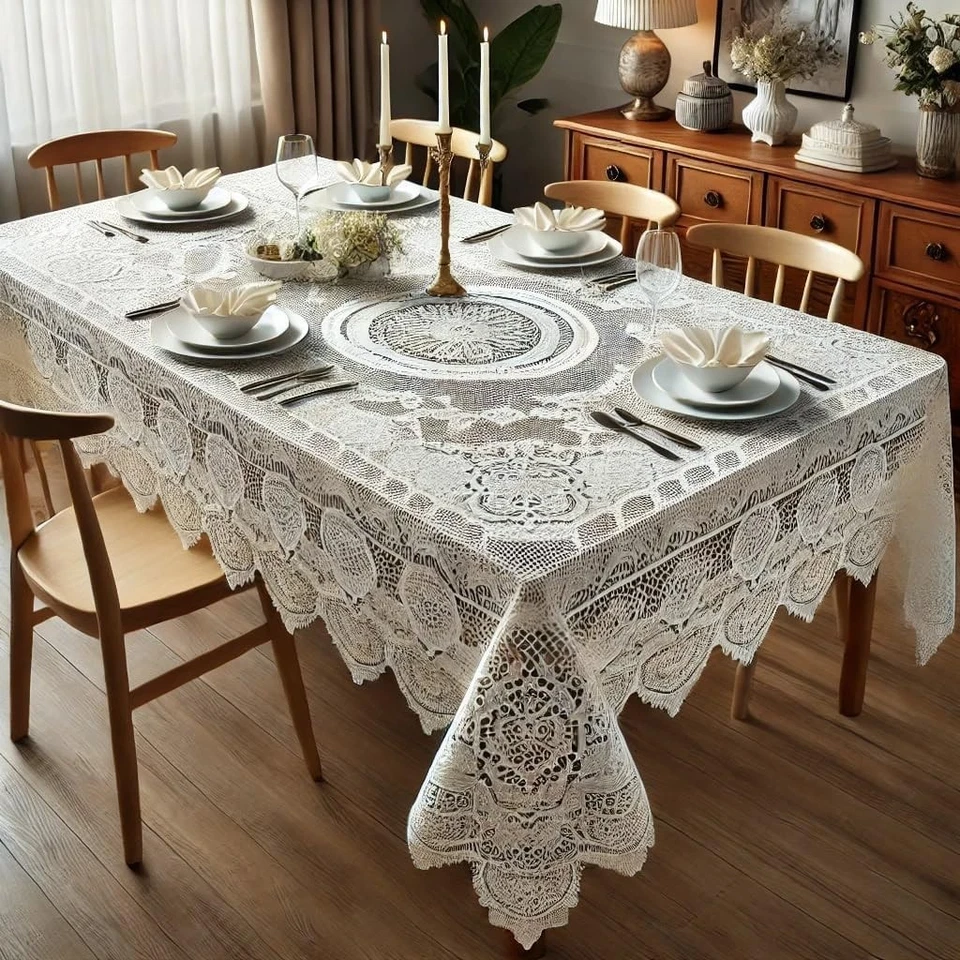 Vinyl Crochet Lace Tablecloth Ivory 60x104 Stain-Resistant Wipeable Durable - Image 2 of 4