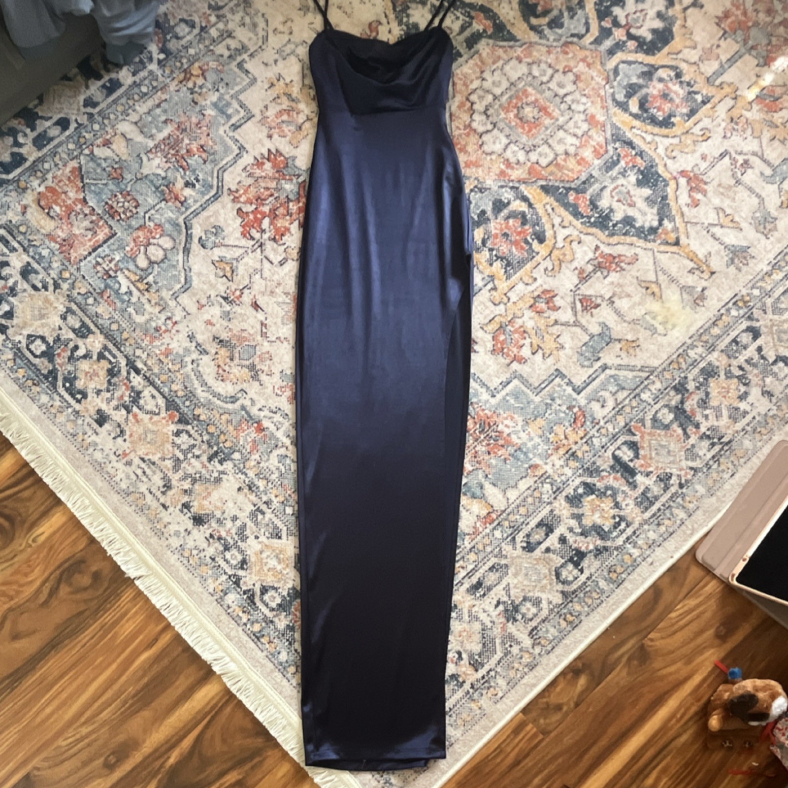 Windsor Navy Satin Slip Maxi Dress XS Cowl Neck Strappy Side Slit
