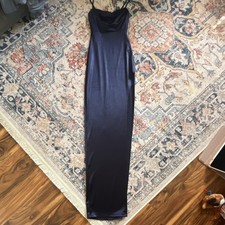 Windsor Navy Satin Slip Maxi Dress XS Cowl Neck Strappy Side Slit