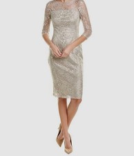 Tahari ASL Women's Beige 3/4 Sleeve Metallic Lace Sheath Dress Size 10