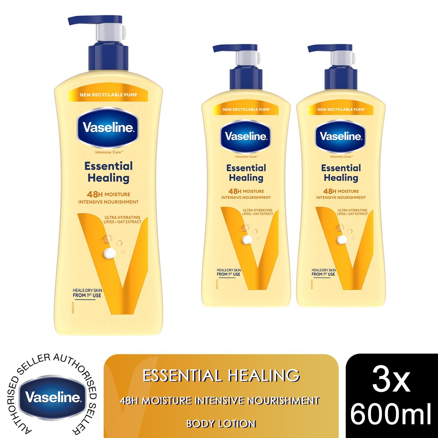 Vaseline Intensive Care Essential Healing Body Lotion, 3x600ml for Dry Skin Care