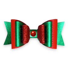 Handmade Faux Leather Hair Bow Red Green Christmas Glitter Gem Barrette Clip