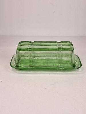Vintage Hazel Atlas Green Glass Butter Dish Crisscross Pattern - READ