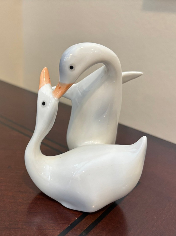 Vintage Hungarian Hollohaza Porcelain Deco Pair of Geese Figurine 1960's