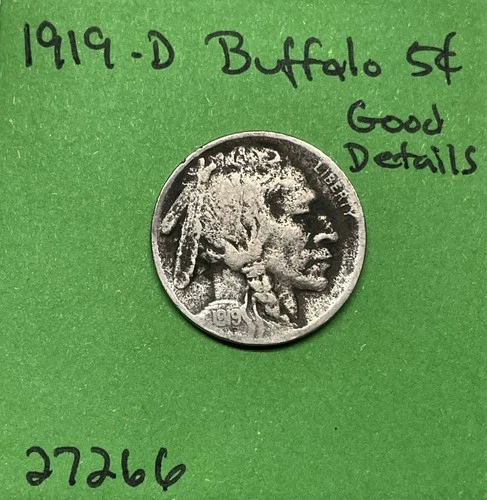 1919-D Buffalo 🦬 Indian Head Nickel 5c Good Details