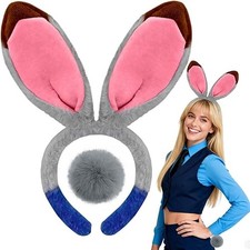 Grey Bunny Ears Headband and Tail Set, Bunny Costume Accessories for Women Adult