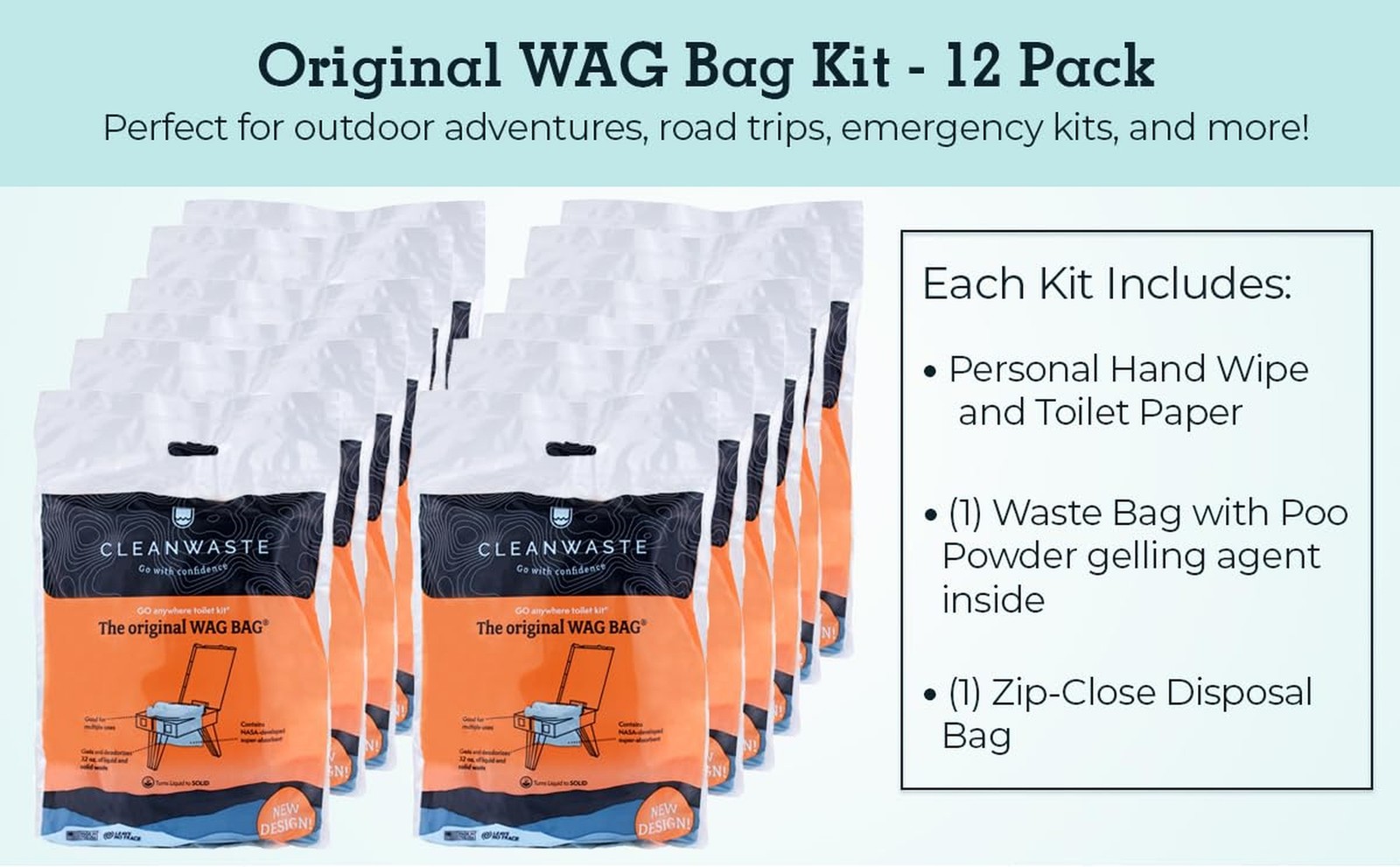 Cleanwaste Original WAG Bag Portable Toilet (12 Pack) - Go Anywhere Kit For C...