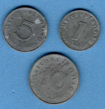 1942 Germany Third Reich. Set 3 zinc coins: 1, 5, 10 Reichspfennig SWASTIKA 488