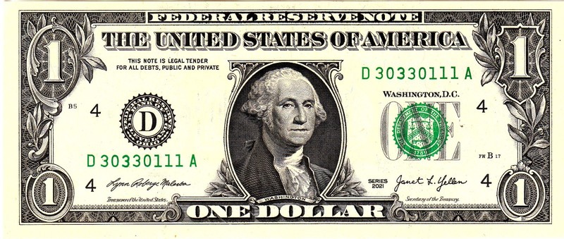 $1 2021 Fancy Serial  Uncirulated CU D30330111A