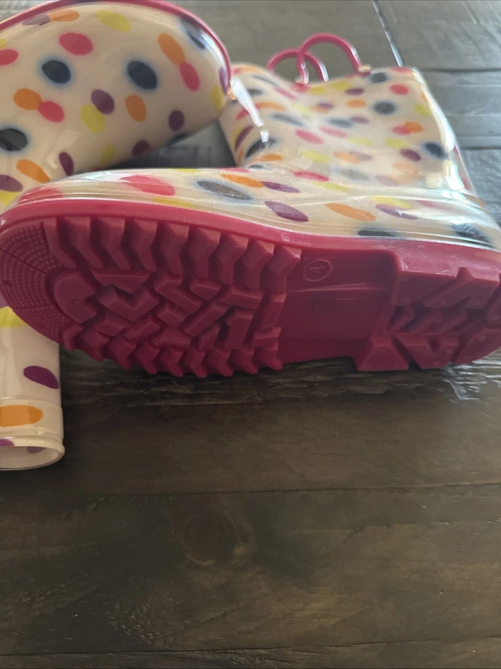 Girls Rain Boots Pull On Girls Polka Dot Size 4 Fall Winter Outdoor Cold Weather - Image 2 of 4