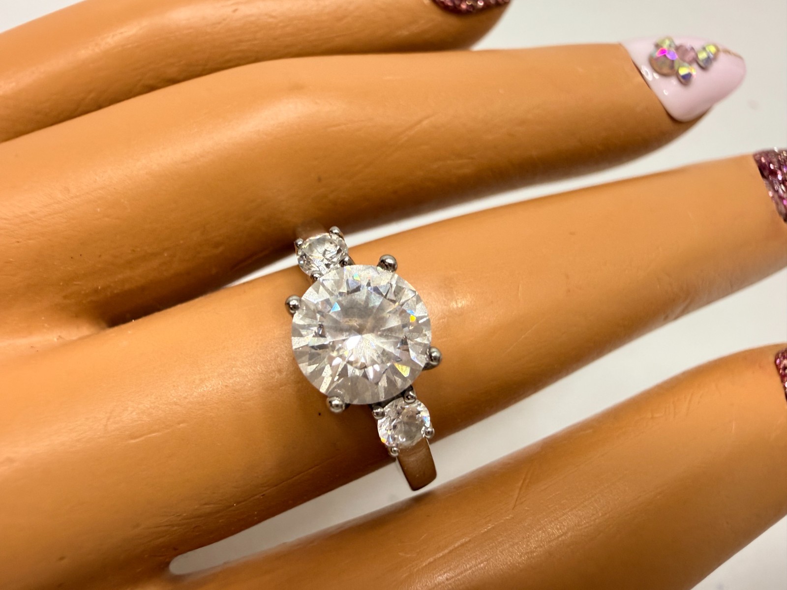 Vintage Statement Ring Three Stone Silver Tone CZ… - image 4