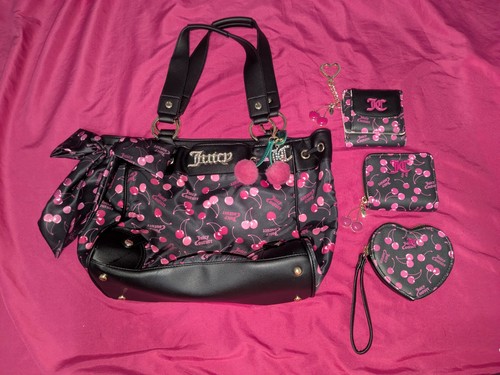 Juicy Couture Black Sweet Cherry Daydreamer Tote / Bag / Purse With Wallets Lot