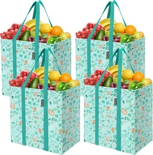 4 PK Grocery Bags Reusable Shopping Bags with Reinforced Bottom, Heavy Duty Fold