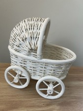Vintage White Rattan Wicker Decorative Collectible Baby Carriage Buggy Basket