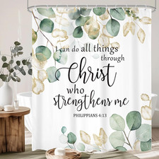 Eucalyptus Bible Verse Shower Curtain Set Green Leaves Gold Bathroom Decor 60X