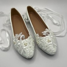 White Patent Ballet Flats Embellished Tulle Ribbon Ties Size EU 41 US 9-9.5