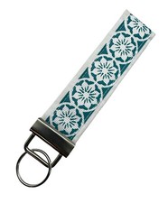 Teal Flowers Key Chain, Floral Key Fob, Fabric Keychain, Teal Keychain on White