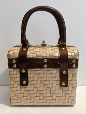 Vintage Wicker Box Handbag Leather Handle Trim Woven Plastic Protection Studs