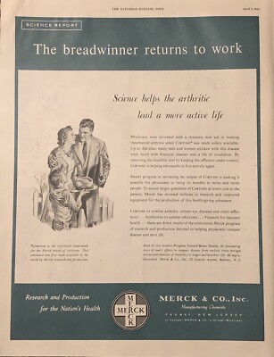 1952 Merck Research Cortone Cortisone Rheumatoid Arthritis VTG 1950s PRINT AD