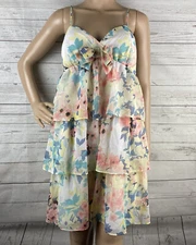 Candies Dress Juniors XL Pastel Floral Chiffon Tiered Ruffles Smocked Back Bow