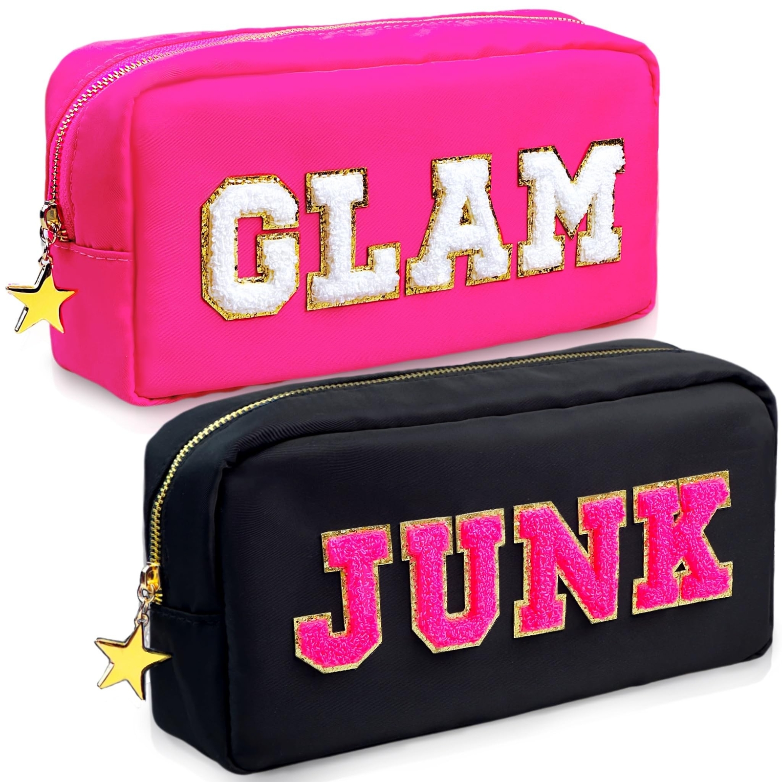 Nylon 2-Piece Chenille Letter Cosmetic Bag Set - GLAM & JUNK Large Makeup Pouches