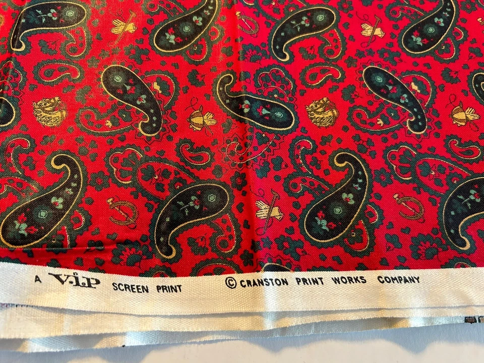 VTG Paisley Print Cotton Fabric Cranston Equestrian Horses 35” X 44” Red - Image 2 of 3