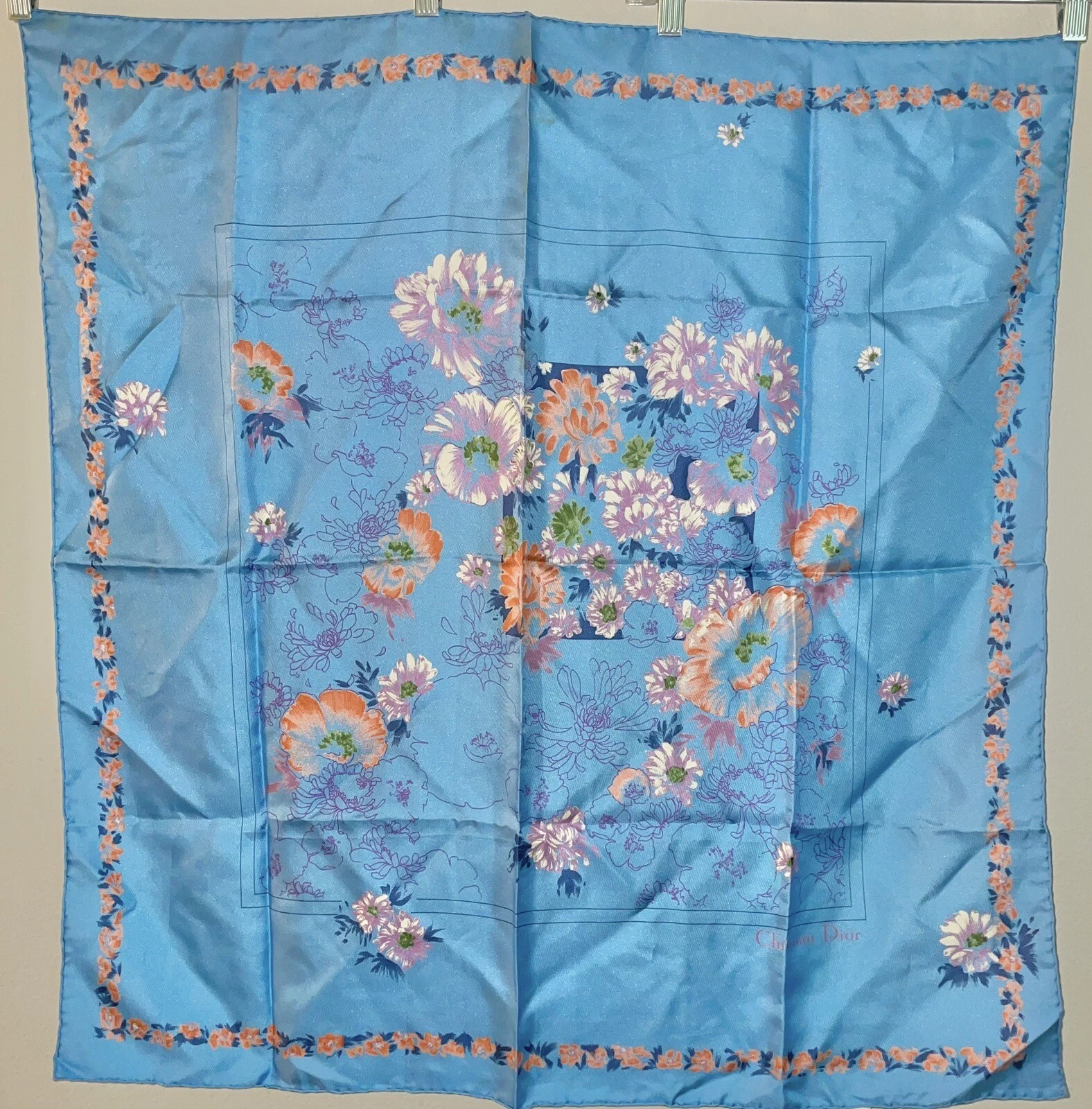 Foulard vintage Christian Dior floral 100% soie bleu corail violet 30