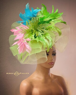Stunning Couture Tulle Fascinator Elegant Unique Lime Green White Headband Tea Lemon Bright Yellow Crystal Feather Kentucky Fascinator  main image 4