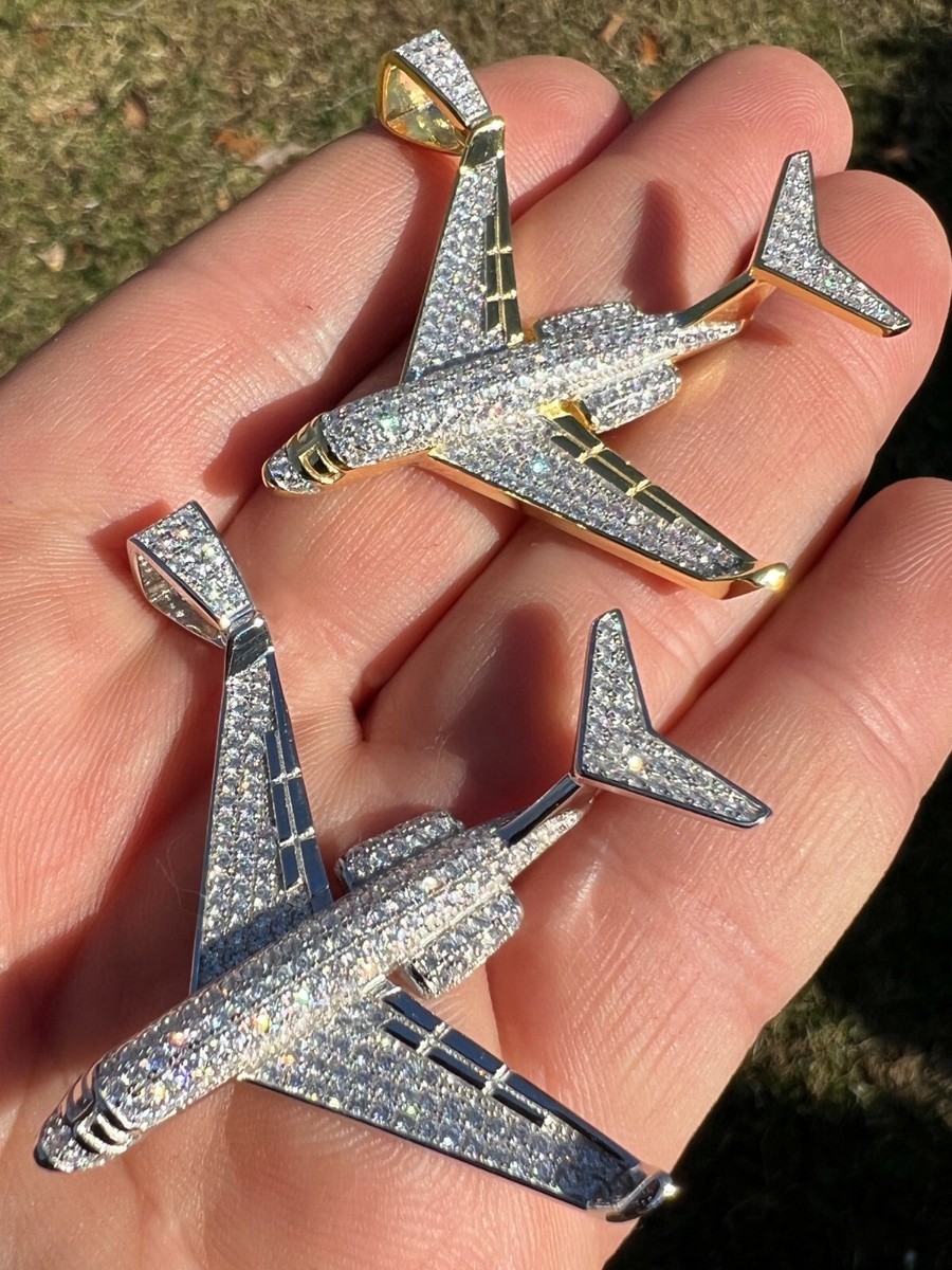 Real 925 Silver / Gold Plated CZ Bling Iced Airplane Hip Hop