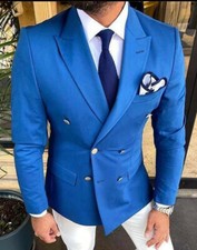 Designer Blue Two Rows of Buttons Double Row Jacket Golden Fitted Slim Fit
