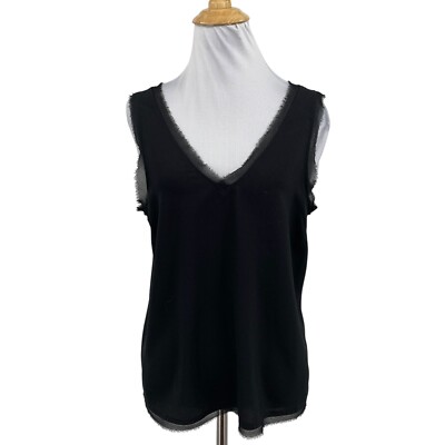 Halogen Tank Top Womens S Small Black Raw Edge Chiffon Drapey Creme V Neck