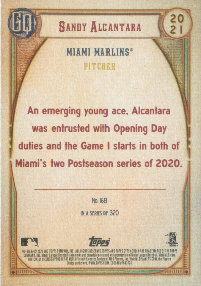 Sandy Alcantara 2021 Topps Gypsy Queen Baseball Base Card #168 Miami Marlins MLB - Image 2 of 2