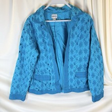 Chico's Womens Blue Floral Embroidered Cotton Open Front Jacket Size 1 Casual M