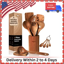 Wooden Spoons for Cooking Utensils Set - 9 Pcs Natural Teak Wooden Kitchen Utens