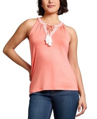 Jones New York Embroidered Tassel-Tie Halter Top Women's S Coral Sun Pullover