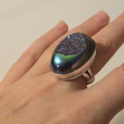 Silver Rainbow Opalescent Druzy Ring Dragon Egg Size 6 Western Grunge