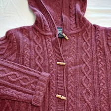 Vtg 90s Eddie Bauer Burgundy Cable Knit Hooded Wood Toggle Wool Sweater Womens S