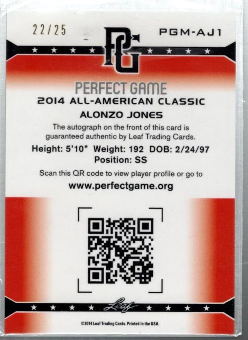 2014 Leaf Metal Draft Perfect Game Prismatic Blue #PGMAJ1 Alonzo Jones Auto /25 - Image 2 of 2