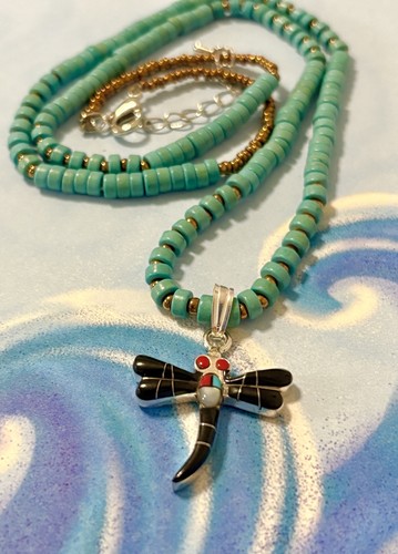 Navajo Sterling Silver Onyx Coral DRAGONFLY 925 Pendant Turquoise Necklace 24” - Picture 5 of 5