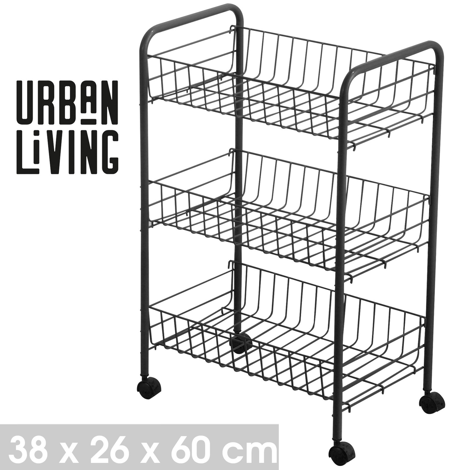 Black 3 Tiers Storage Rack With Wheels Kitchen Trolley Basket Organiser Shelf