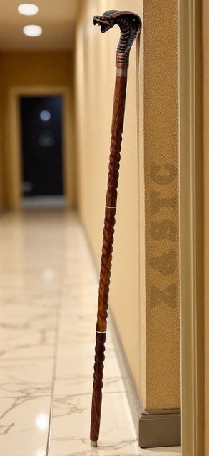Antique Brass Cobra Head Handle Walking Stick – Spiral Wooden Cane