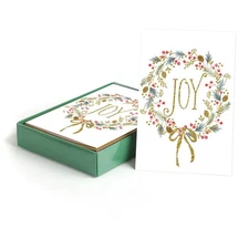 Masterpiece Joy Pine Wreath Christmas Cards / 16 Boxed Holiday Card Set With ...
