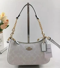 NEW C.OACH White CA548 Teri Shoulder Bag In Leather Coated Canvas Glacier